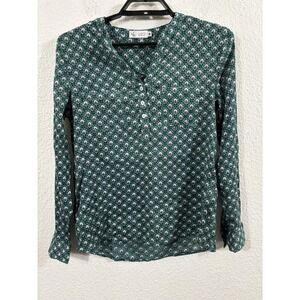 Carve Designs Blouse Womens Small Green Floral Henley Organic Cotton Long Sleeve